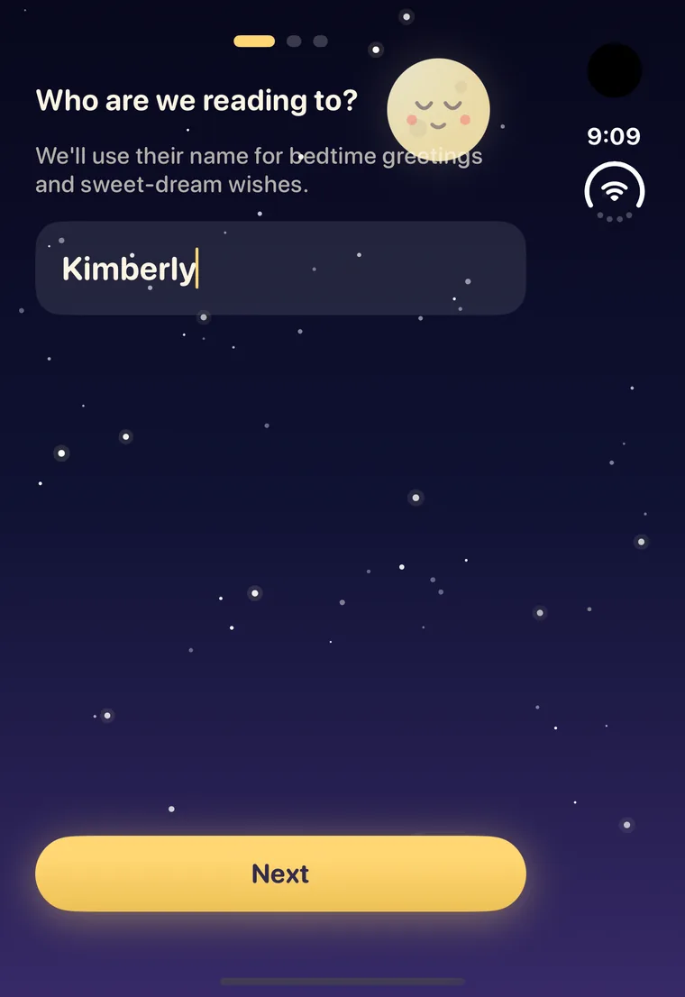 Setup screen asking 'Who are we reading to?' with the name Kimberly entered